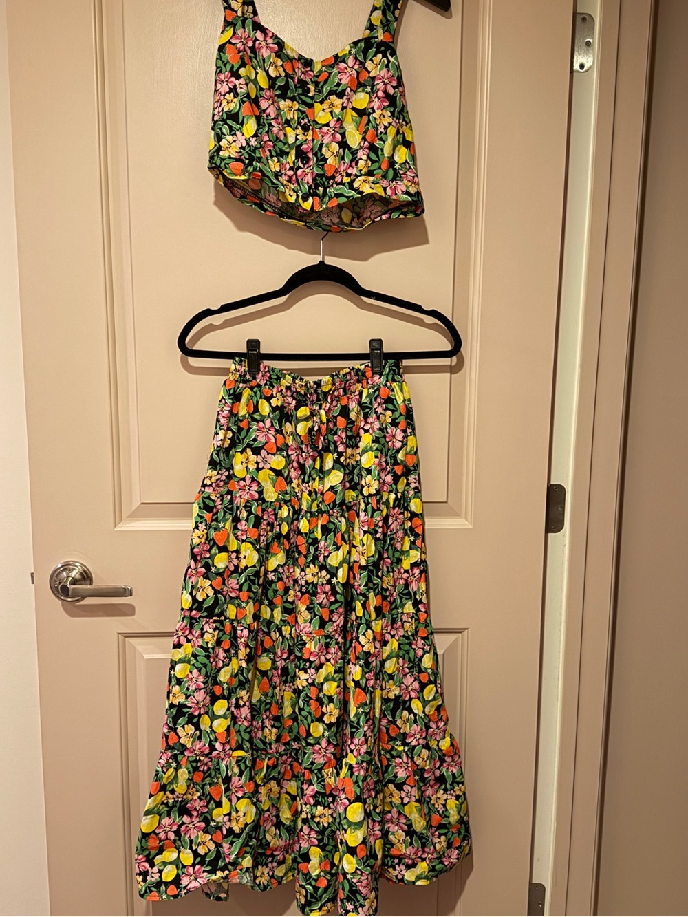 Aqua Black Maxi Skirt and Crop Tank with Yellow Lemon & Pink Floral Print